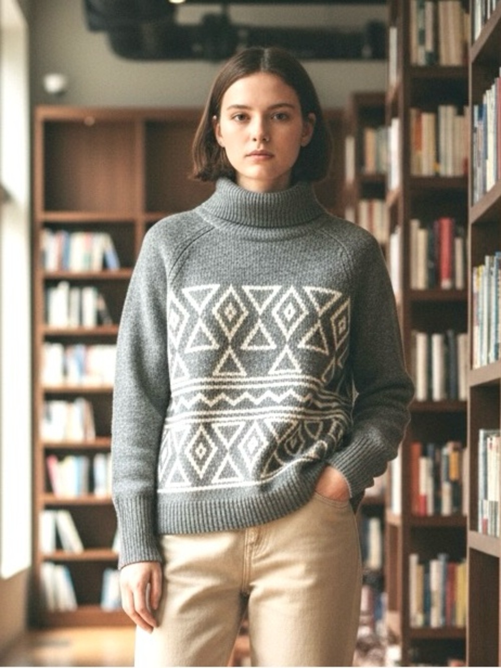 J. CREW Turtleneck Sweater Grey Fair Isle Wool Cashmere Blend Geometric Women L